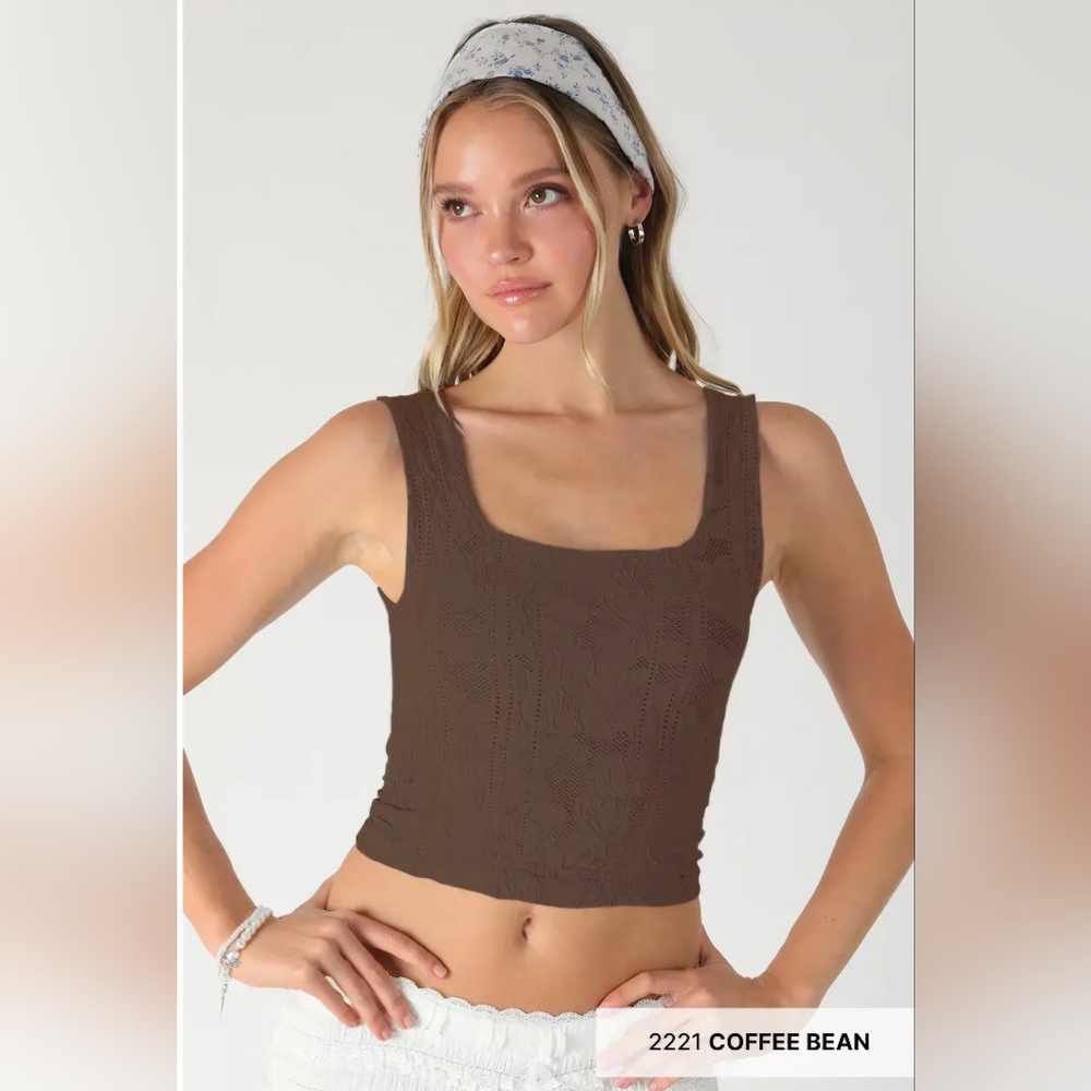 #1385 Nikibiki Double Layered Floral Textured Square Neck Crop Tank-Coffee Bean